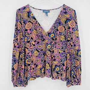 Modcloth Size Large Country Royalty Paisley Print Jersey Knit V Neck Peplum Top